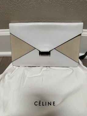Celine White and Beige Envelope Leather Clutch